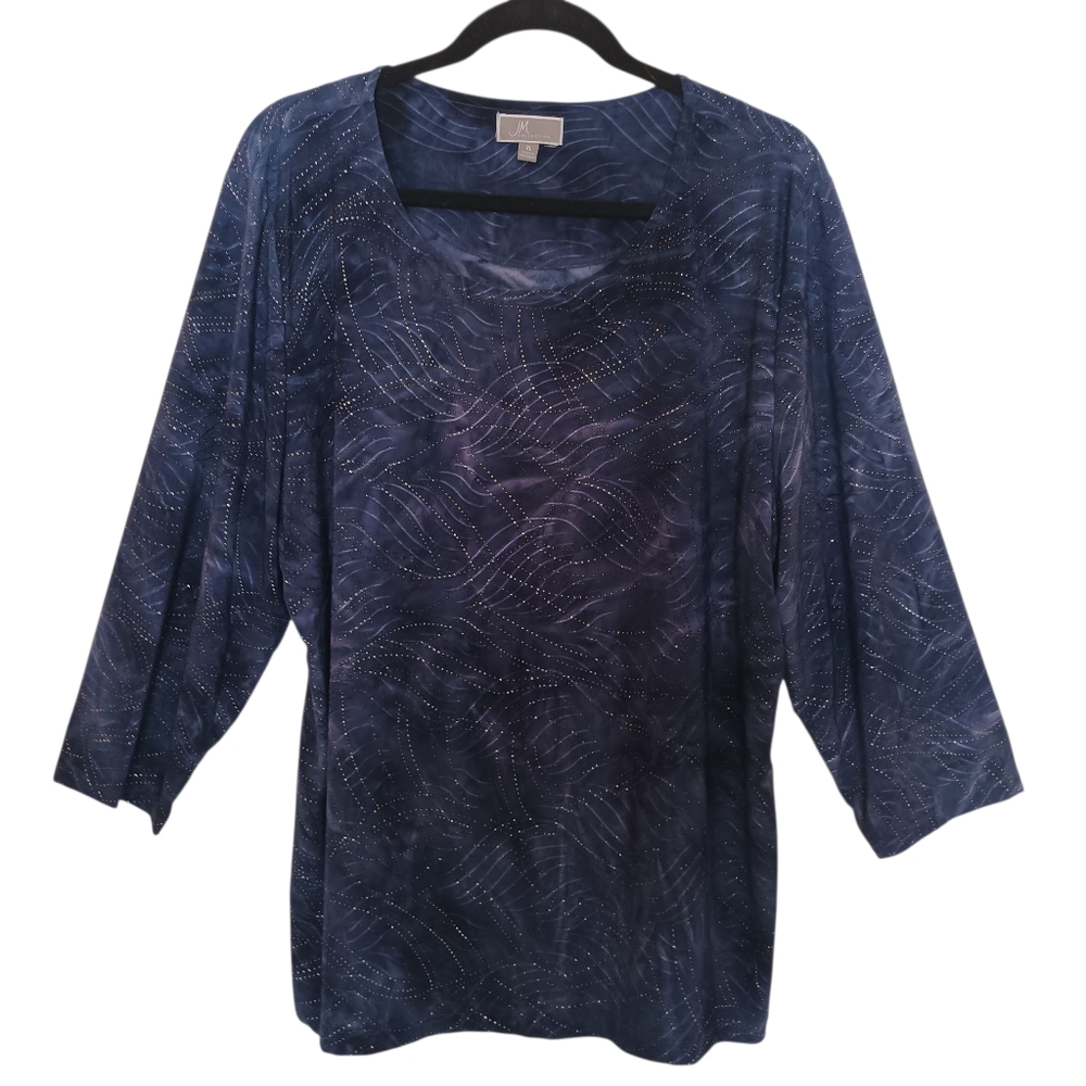 JM Collection Top Women's Blue Size XL Silver Sparkle Patterned‎ Blouse